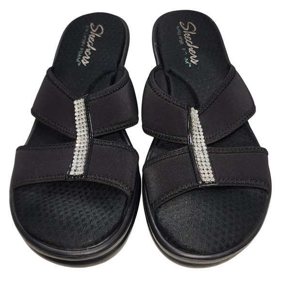 Skechers Shoes - Skechers Black Slip-on Comfort Wedge Embellished Rhinestone Sandals WomensSize 8